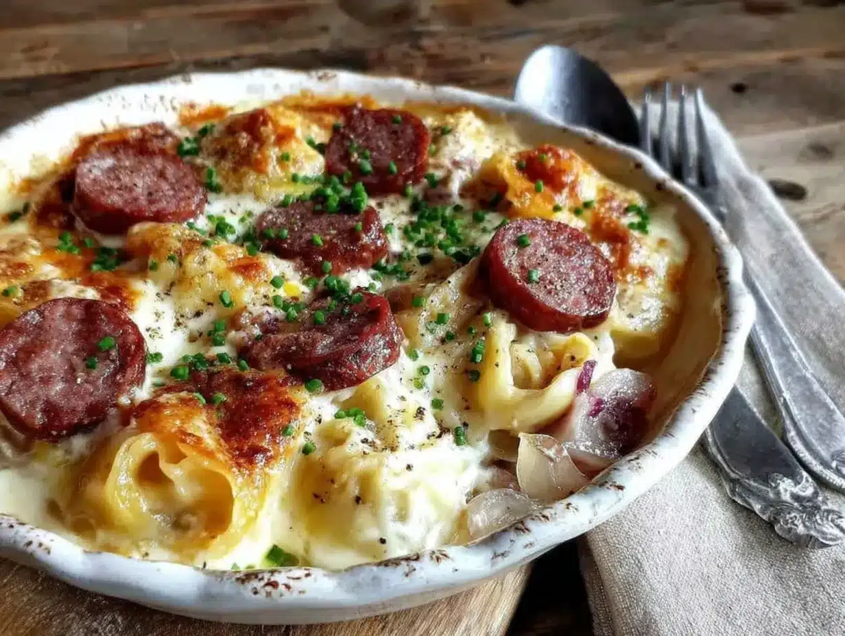 Crockpot Pierogi Casserole with Kielbasa Easy Weeknight Dinner Recipe 4 crockpot pierogi casserole with kielbasa preparation steps