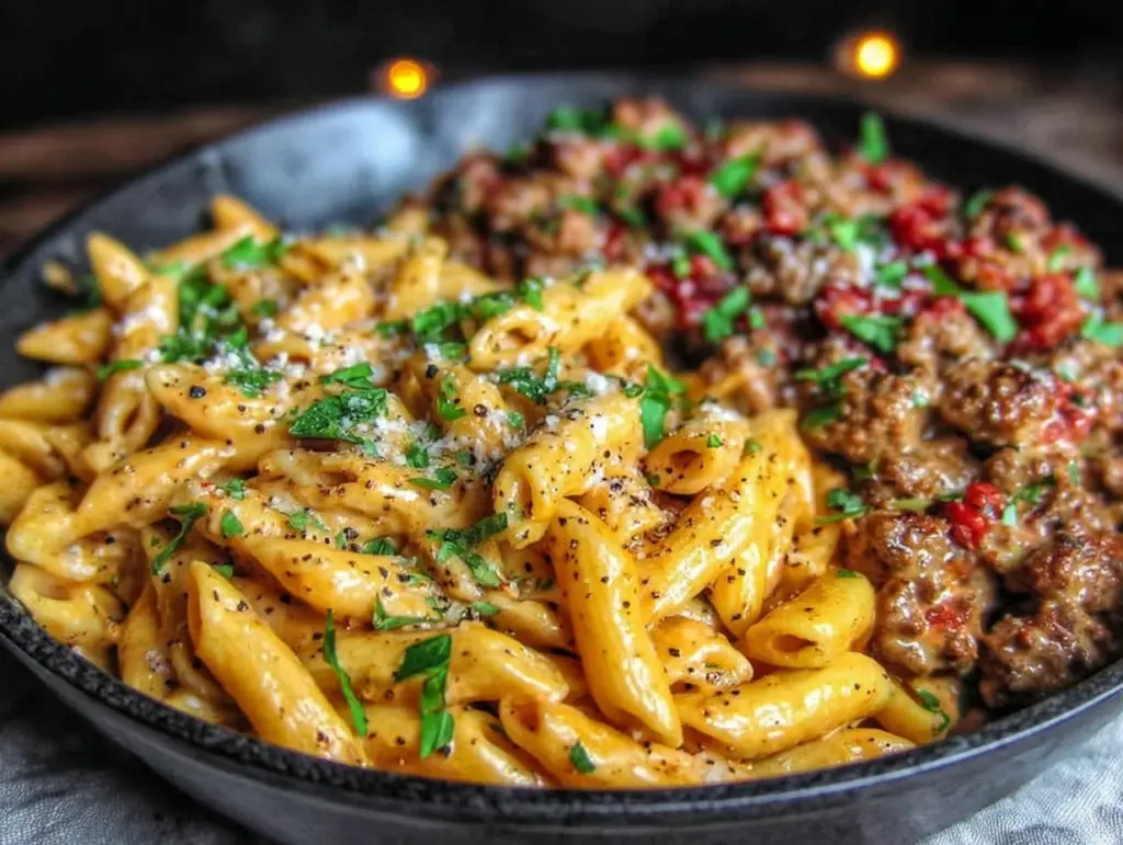 high protein creamy beef pasta - featured image