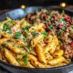 high protein creamy beef pasta - featured image
