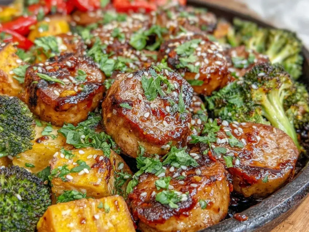 honey garlic sausage sheet pan dinner - featured image