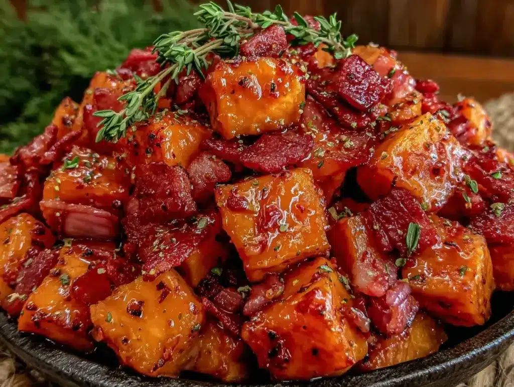 maple glazed sweet potatoes with bacon - featured image
