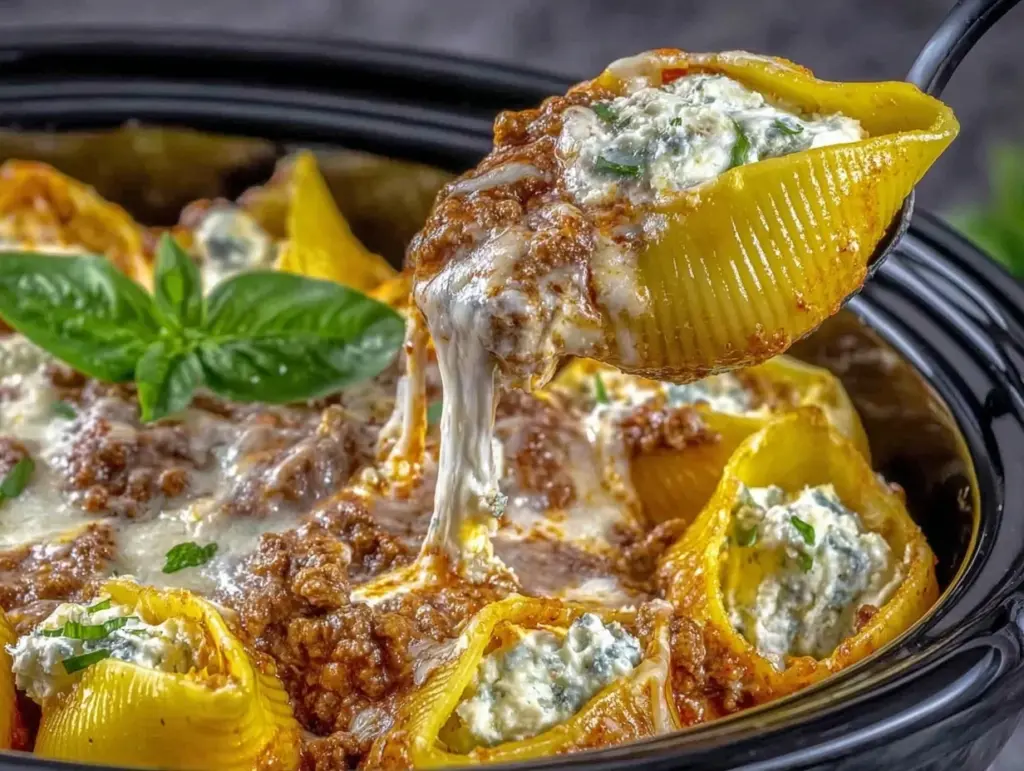 slow cooker stuffed shells with meat - featured image