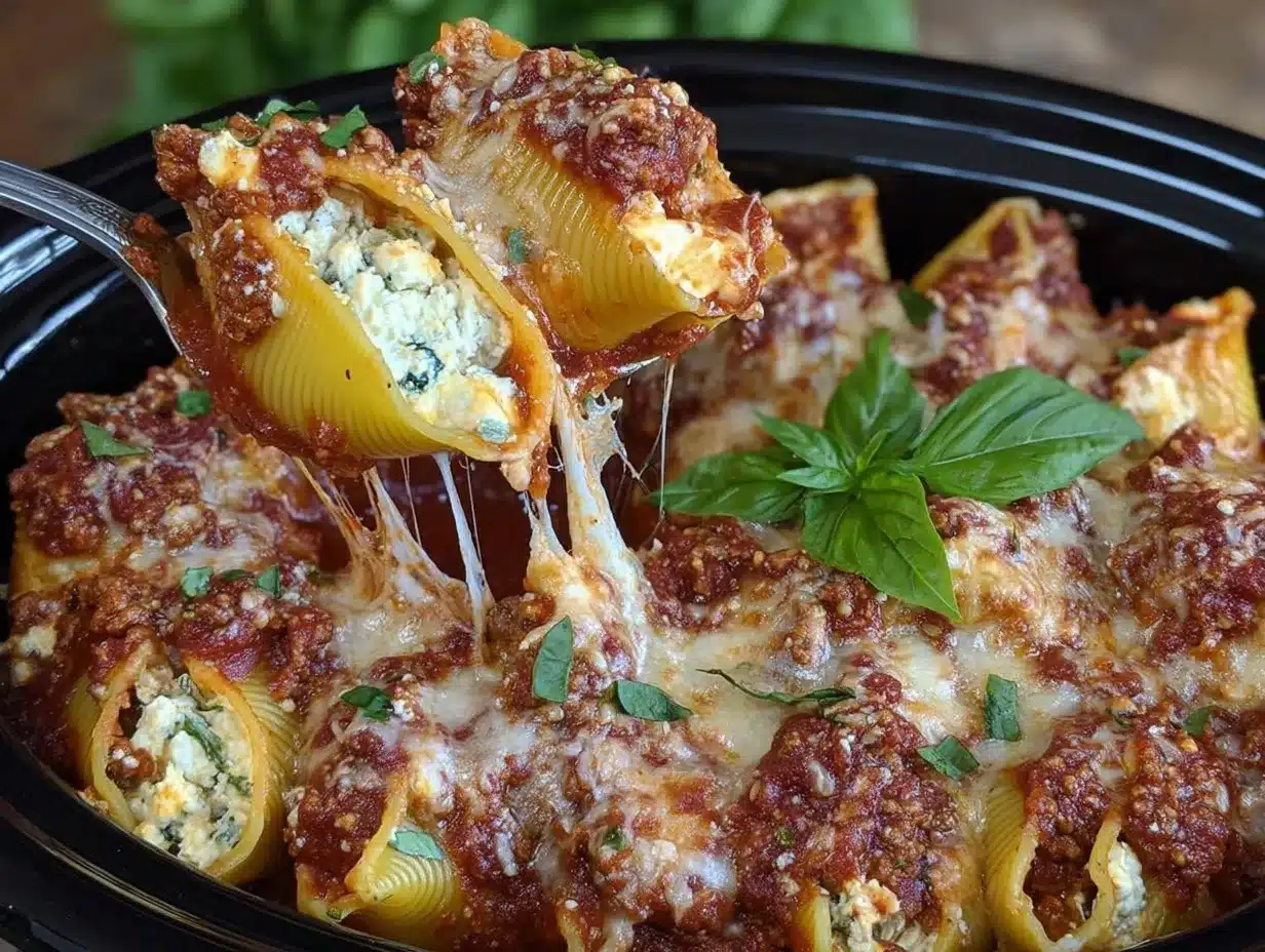 Slow Cooker Stuffed Shells with Meat Recipe Easy Cozy Comfort Meal 4 slow cooker stuffed shells with meat preparation steps