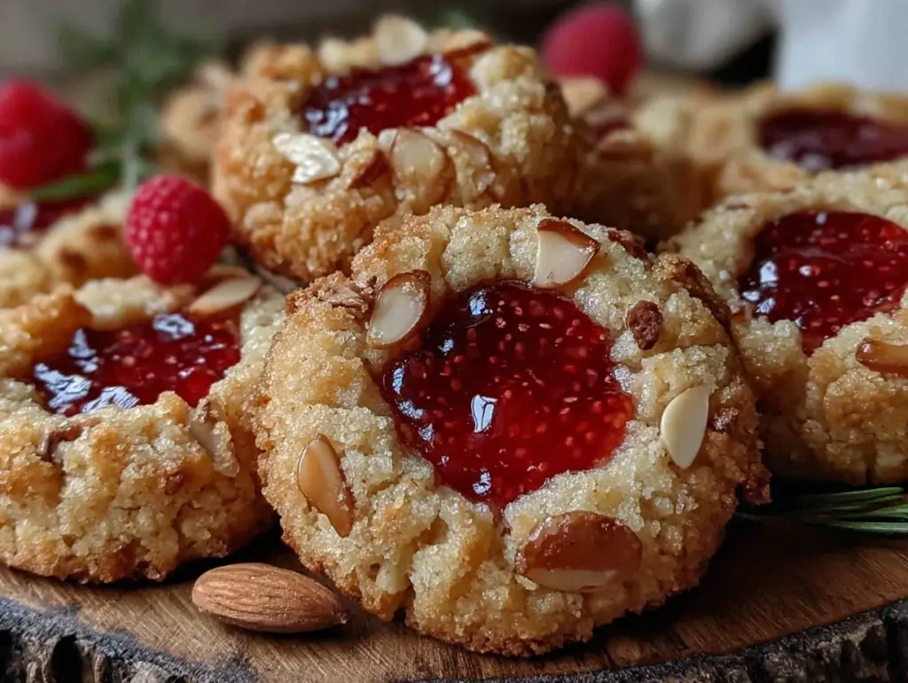 brown butter raspberry almond thumbprint cookies - featured image