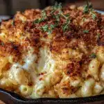cast iron skillet mac and cheese with crispy topping - featured image