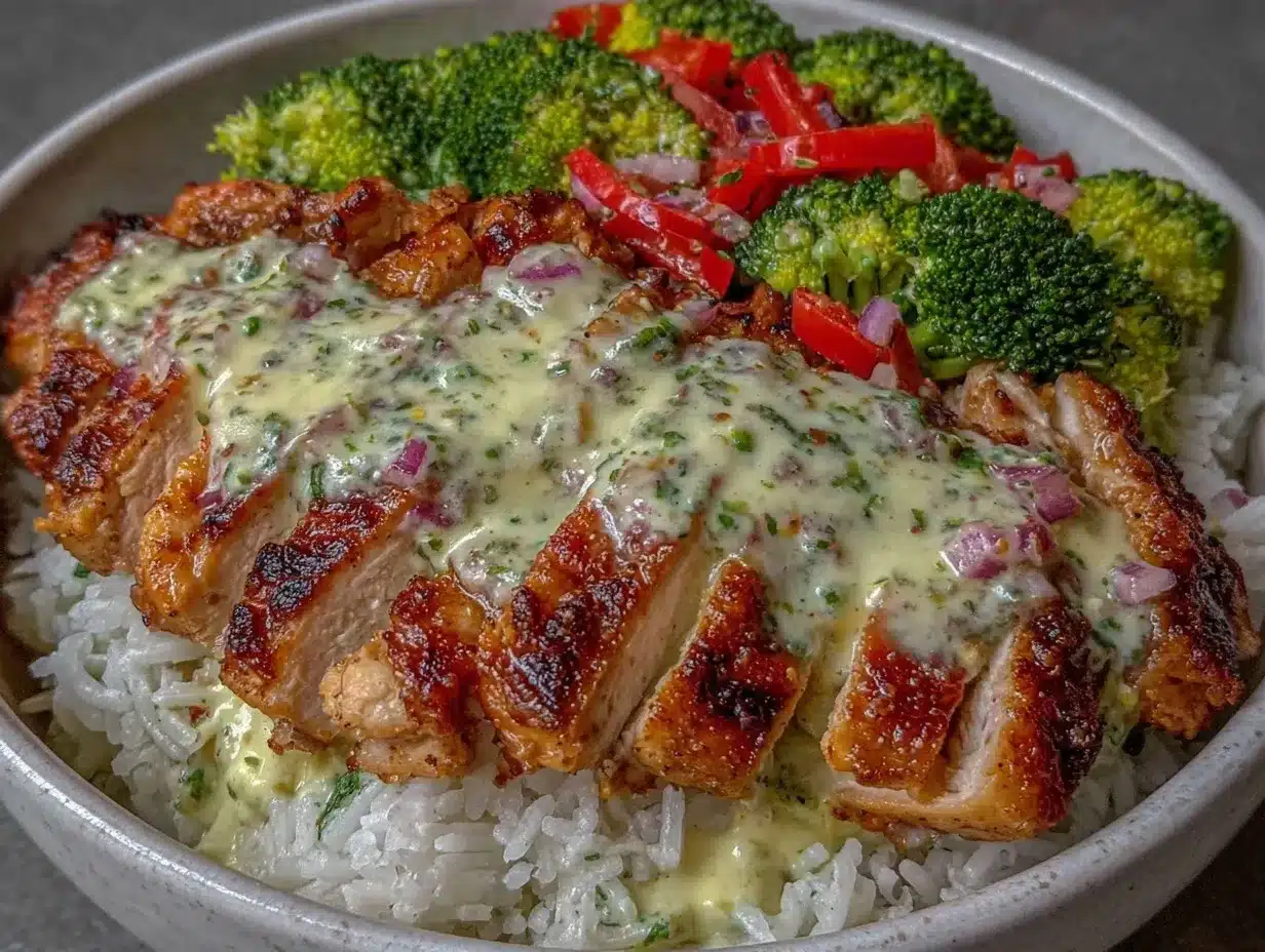 Chicken & Rice Bowls with Garlic Sauce Easy 30-Minute Recipe for Busy Days 4 chicken rice bowls garlic sauce preparation steps