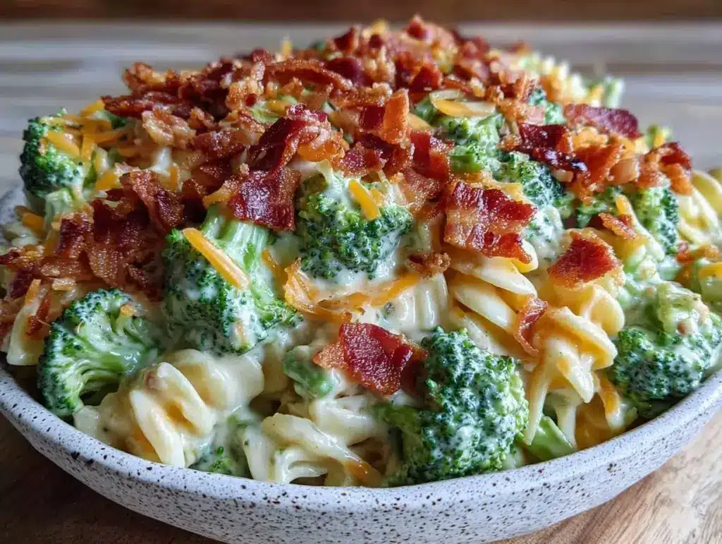 creamy broccoli bacon pasta salad - featured image