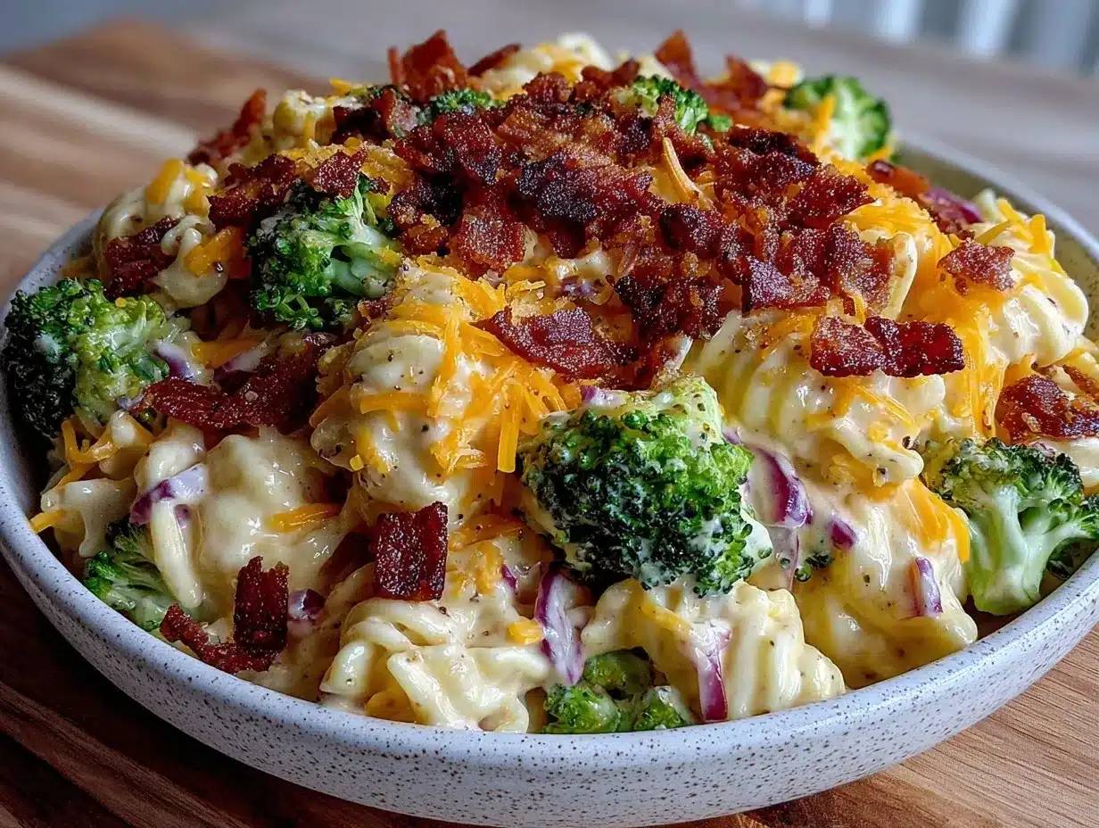 Creamy Broccoli Bacon Pasta Salad Recipe Easy Memorial Day Side Dish 4 creamy broccoli bacon pasta salad preparation steps