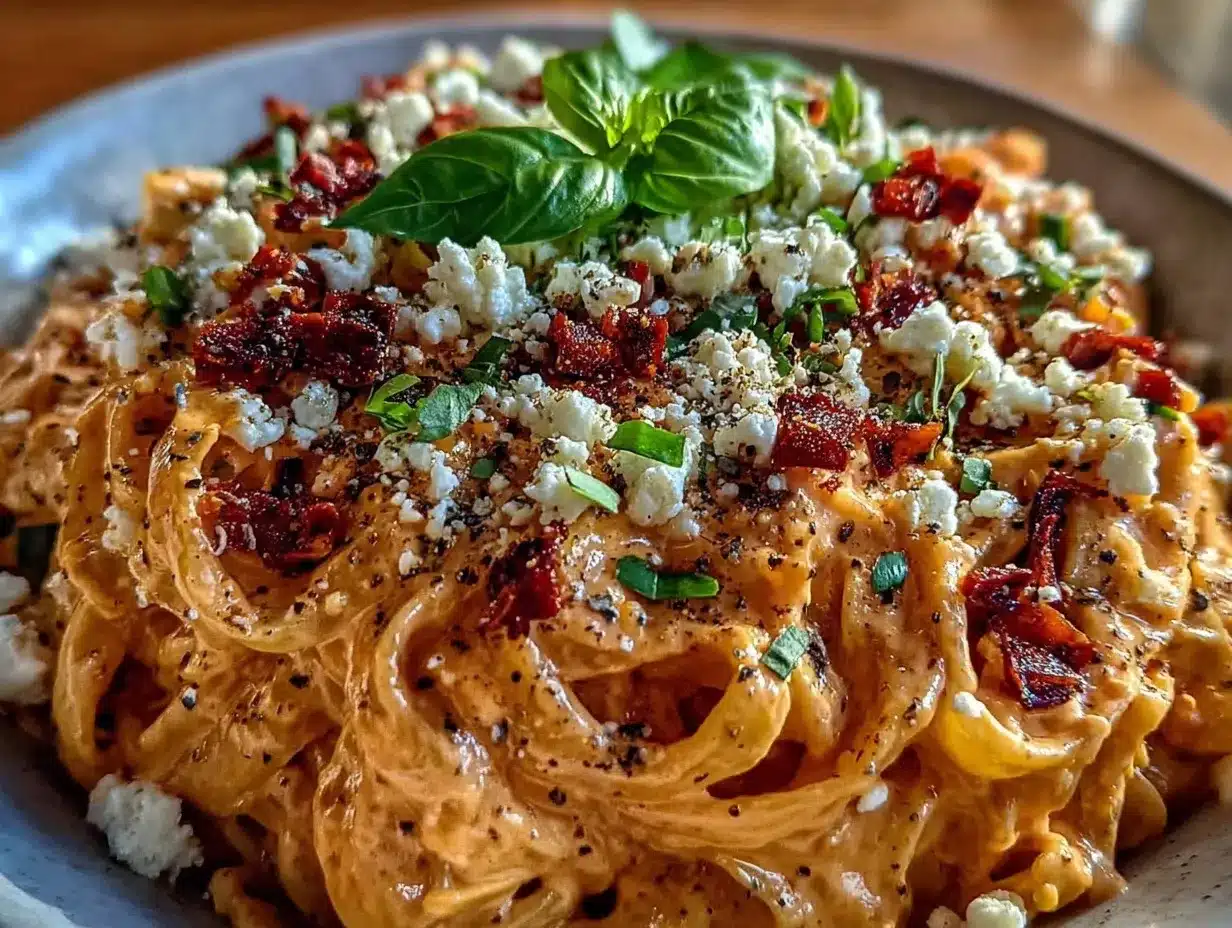 Creamy Roasted Red Pepper Pasta Recipe with Tangy Goat Cheese Crumble Easy and Delicious 4 creamy roasted red pepper pasta preparation steps
