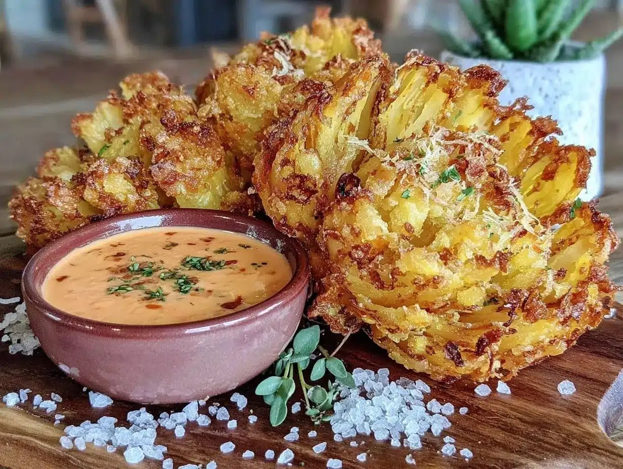 Crispy Air Fryer Blooming Onion Recipe with Spiced Comeback Sauce Easy and Perfect 4 crispy air fryer blooming onion preparation steps