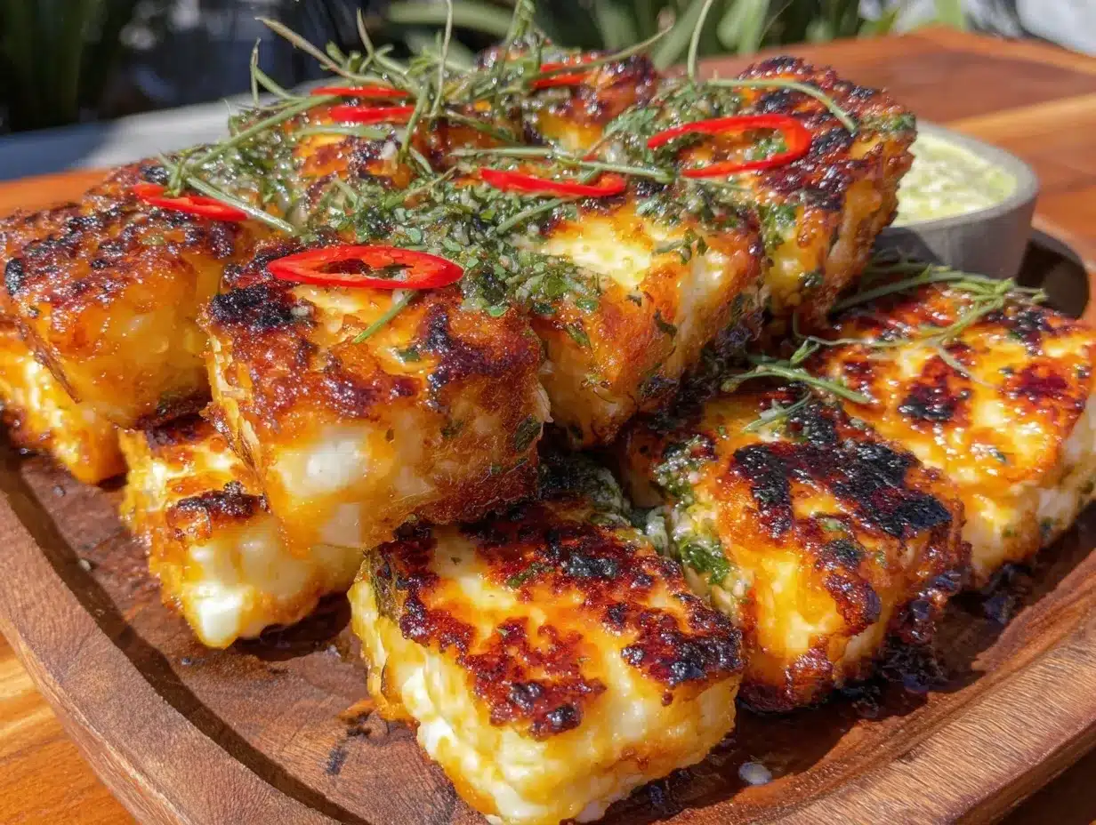 Crispy Grilled Halloumi Skewers with Herb Chimichurri Easy Memorial Day Recipe 4 crispy grilled halloumi skewers preparation steps