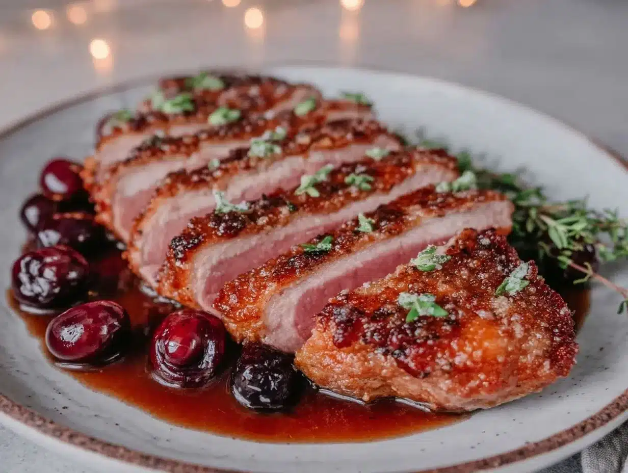 Crispy Skillet-Seared Duck Breast Recipe Easy Cherry Sauce Ready in 30 Minutes 4 crispy skillet-seared duck breast preparation steps