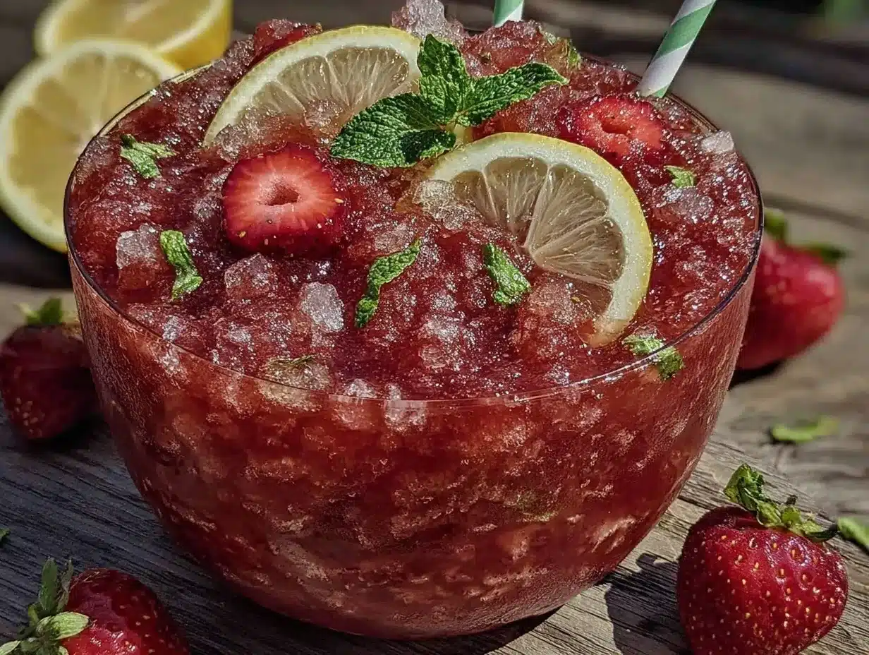 Frozen Strawberry Lemonade Slushie Punch Recipe Easy Refreshing Summer Drink 4 frozen strawberry lemonade slushie punch preparation steps