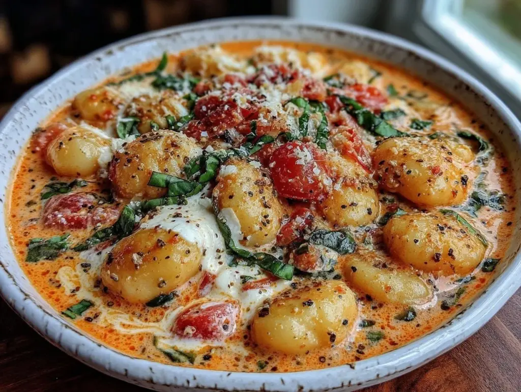 slow cooker creamy tomato basil gnocchi soup - featured image
