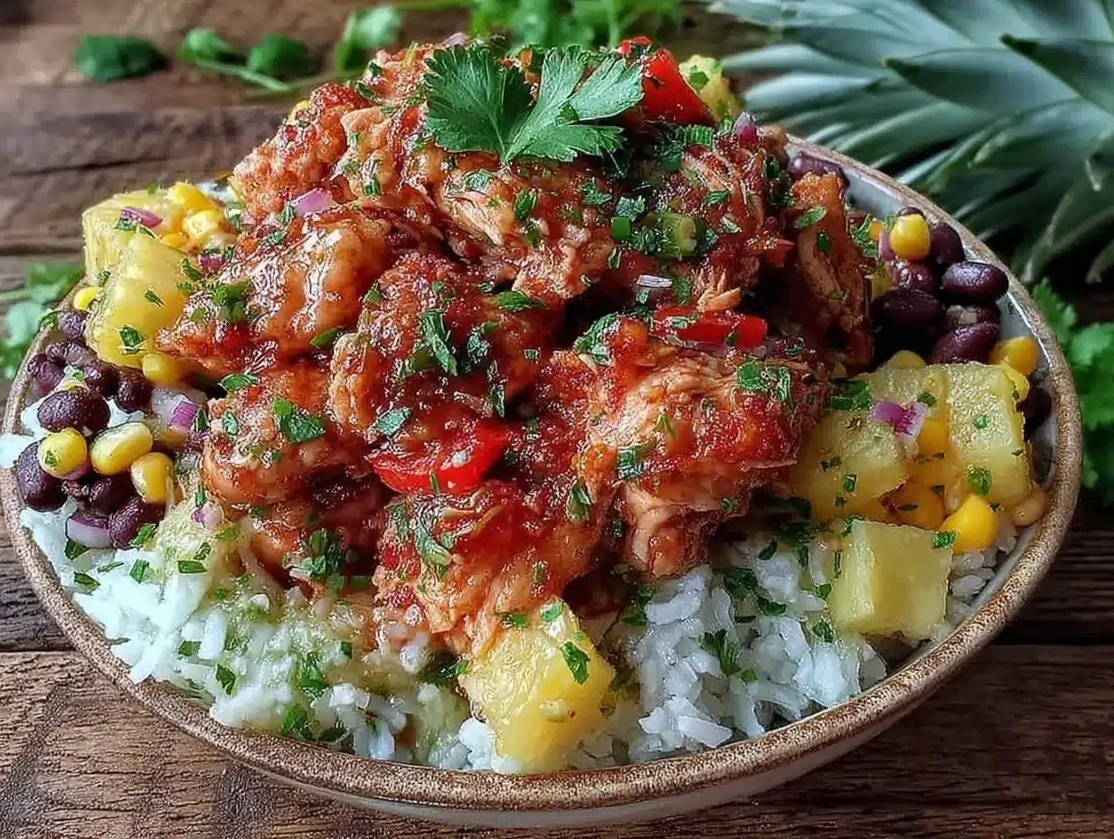 Slow Cooker Pineapple Salsa Chicken Bowls Recipe Easy Ready in 30 Minutes 4 slow cooker pineapple salsa chicken bowls preparation steps