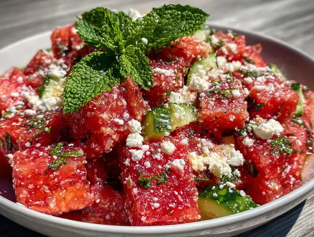 Watermelon Feta Mint Salad Recipe Easy 5-Minute Summer Refreshment 4 watermelon feta mint salad preparation steps