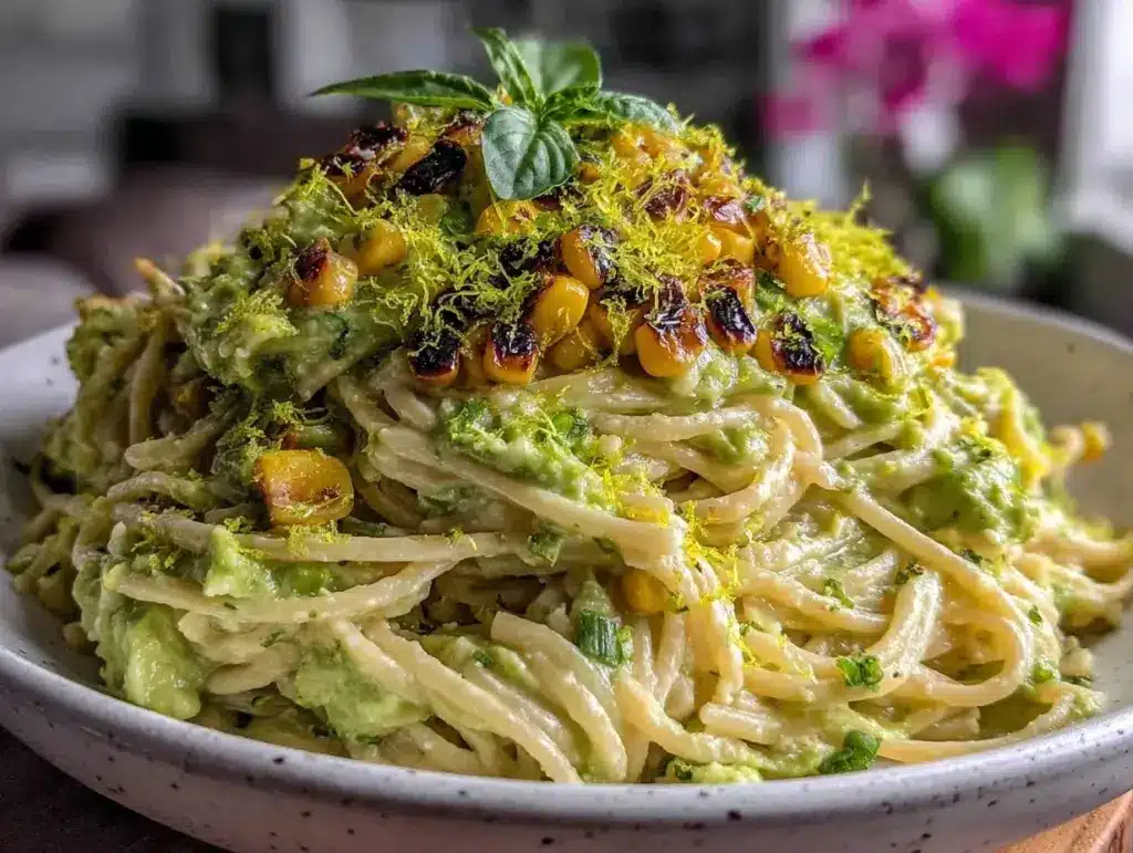 Home 1 creamy avocado pasta with charred corn - featured image
