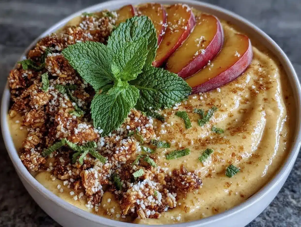 Creamy Peach Smoothie Bowl Recipe with Granola Ready in 10 Minutes 4 creamy peach smoothie bowl preparation steps