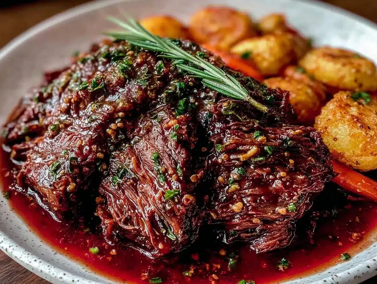 Slow Cooker Pot Roast Recipe with Garlic Red Wine Gravy for Easy Cozy Dinners 4 slow cooker pot roast preparation steps