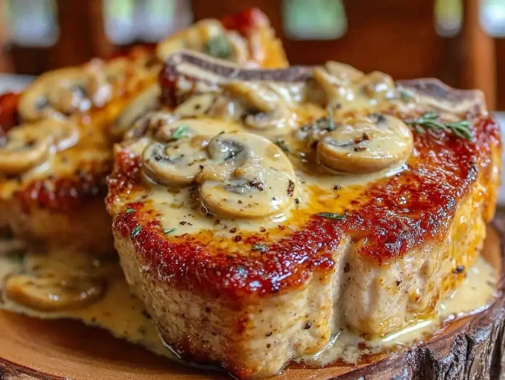 Home 2 thick-cut pork chops with Dijon mushroom sauce - featured image